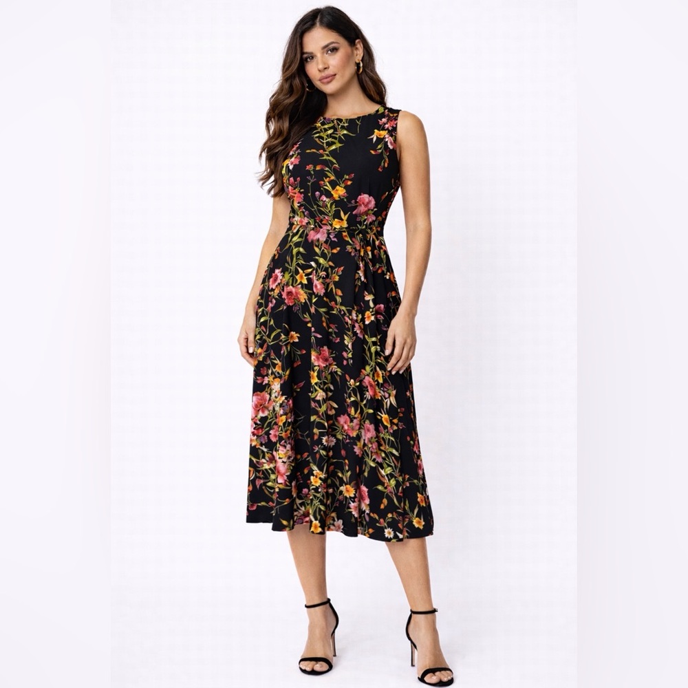 Anne Klein A Line Dress 6 Belt Stretch Career Church Black Floral